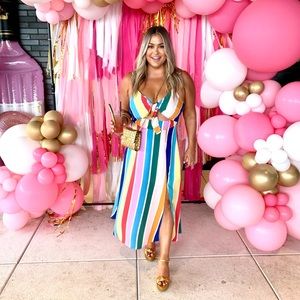 Buddy Love tie front Rainbow stripe midi dress